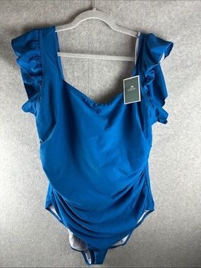 Ruffle-Sleeve One-Piece Swimsuit in Deep Blue